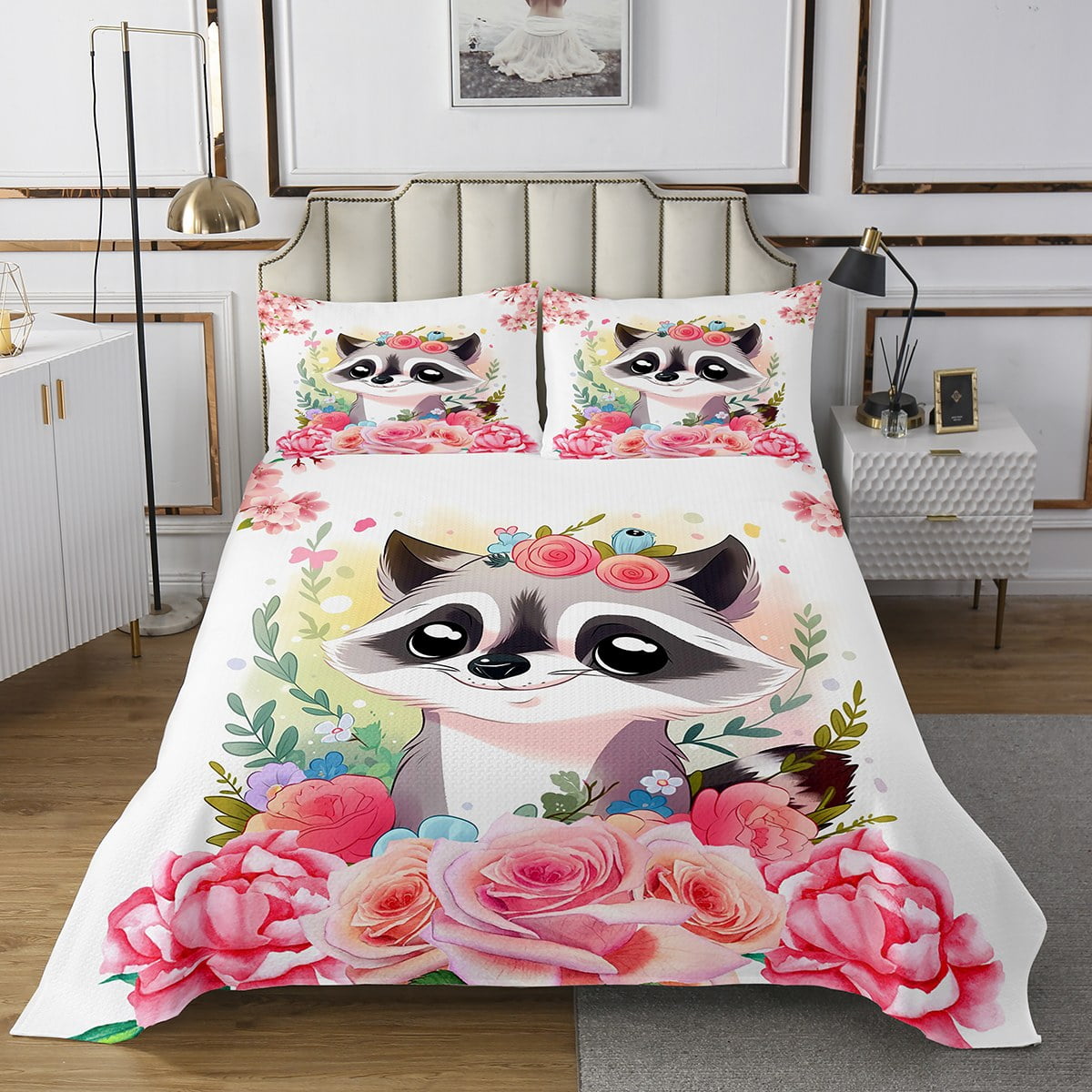 YST Raccoon Coverlet Set Cute Lovely Animal Print Quilt Set Cartoon