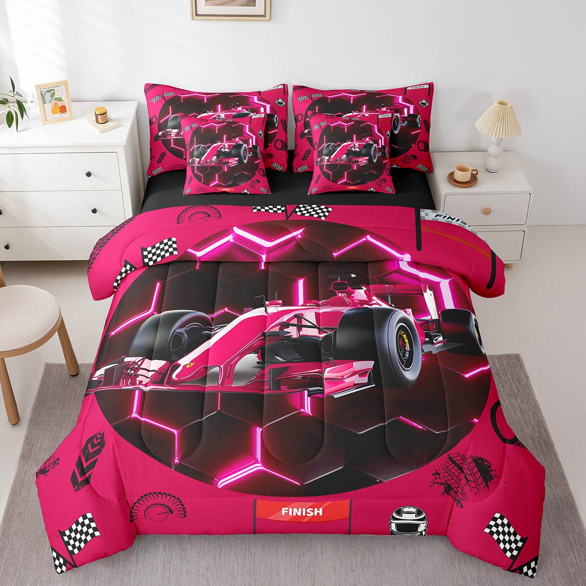 Race Car 7 Piece Comforter Set Full Neon Hot Pink Black Honeycomb ...