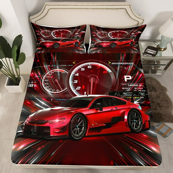 Erosebridal Race Car Bed Sheets Sports Car Bed Set, Extreme Sports Fitted Sheet Cool Speed Automobile Car Decor Luxuary Red Racing Car Sheets 3 Pieces Full, No Top Sheet