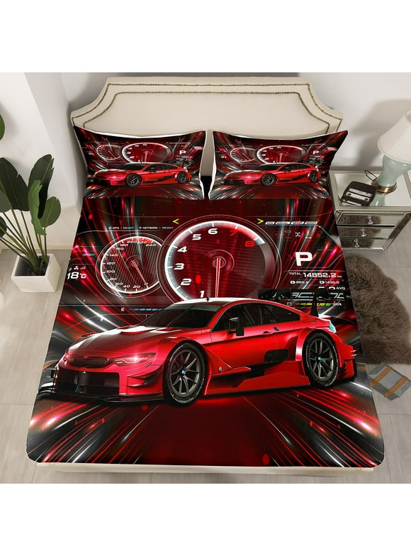YST Race Car Bed Sheets Sports Car Bed Set for Kids Boys Girls, Extreme Sports Fitted Sheet Cool Speed Automobile Car Decor Luxuary Red Racing Car Sheets 2 Pieces Twin, No Top Sheet