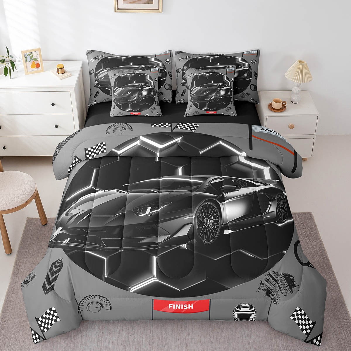 Erosebridal Race Car Bedding Set Black White Grey Honeycomb Sports Car ...