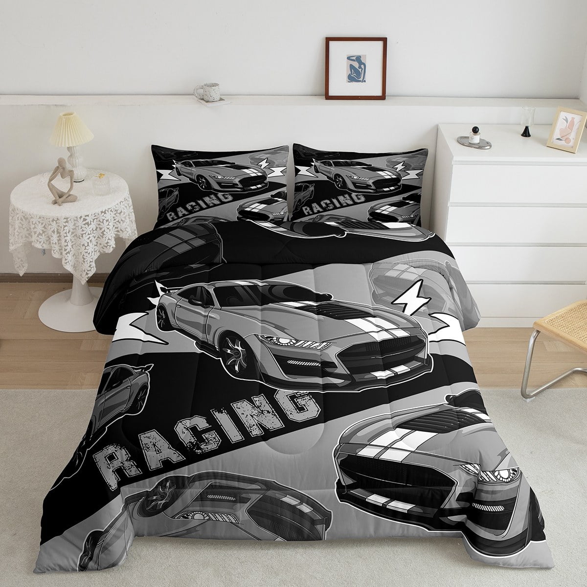 YST Race Car Bedding Set for Boys Child Kids Black Gray Racing Car