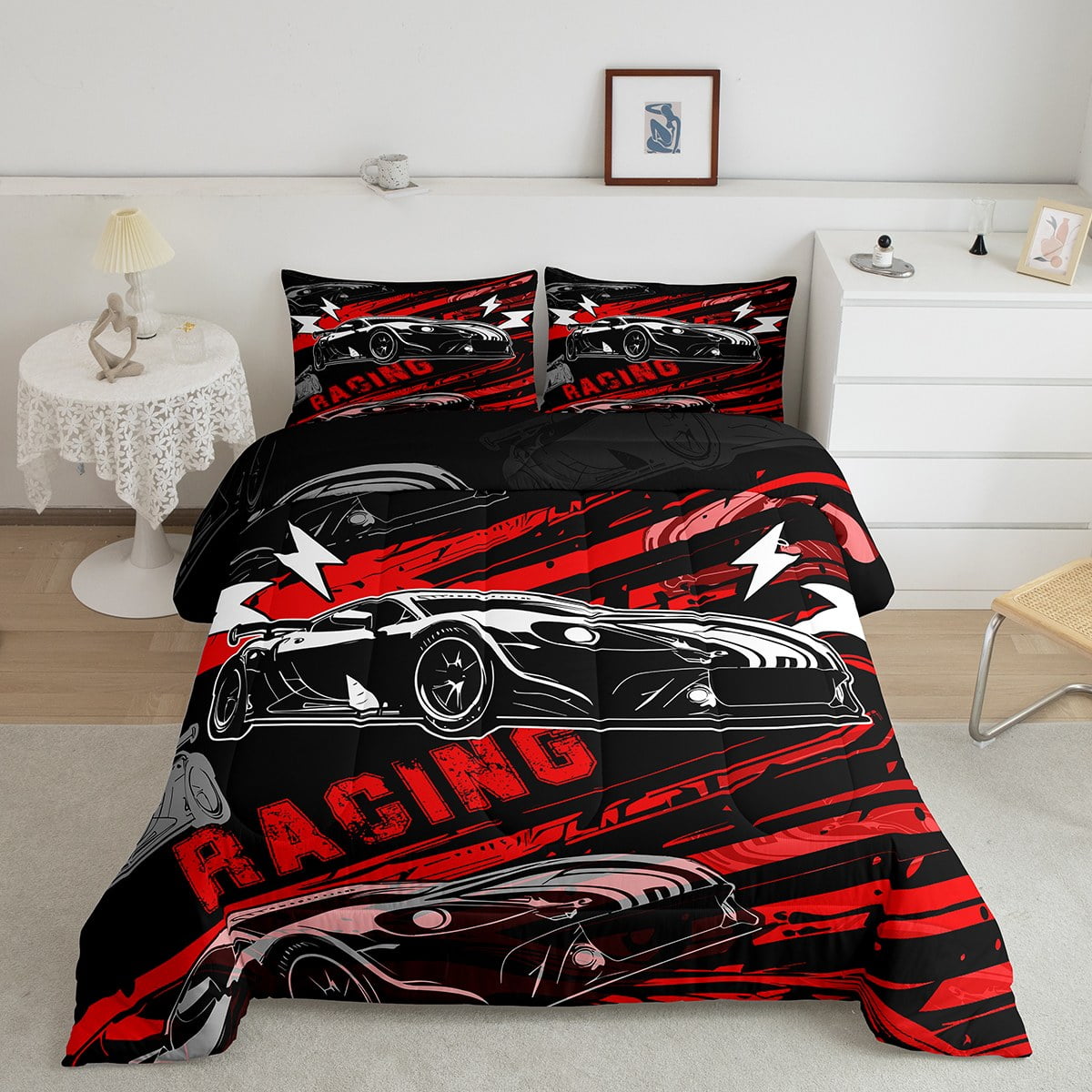 YST Race Car Bedding Set for Boys Man Kids Black Red Racing Car