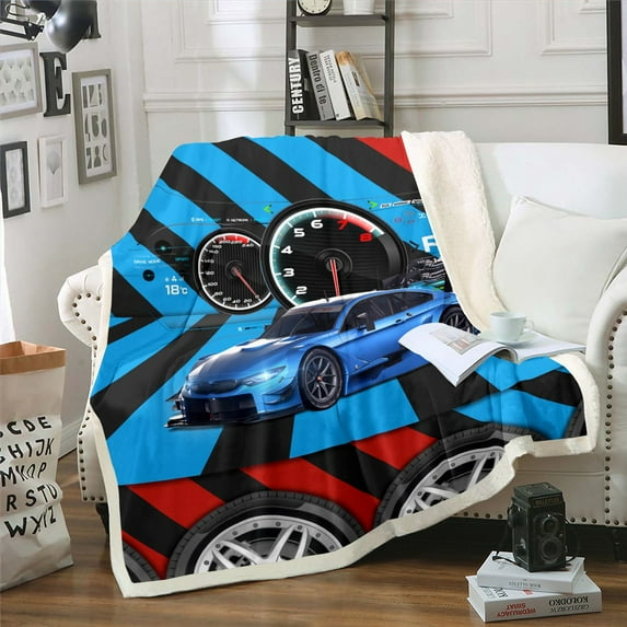 YST Race Car Fleece Blanket Extreme Racing Speed Blanket Kids Boys Cool Sports Car Throw Blanket Twin Size, Blue And Red Decor Sherpa Blanket Sofa Couch Gifts