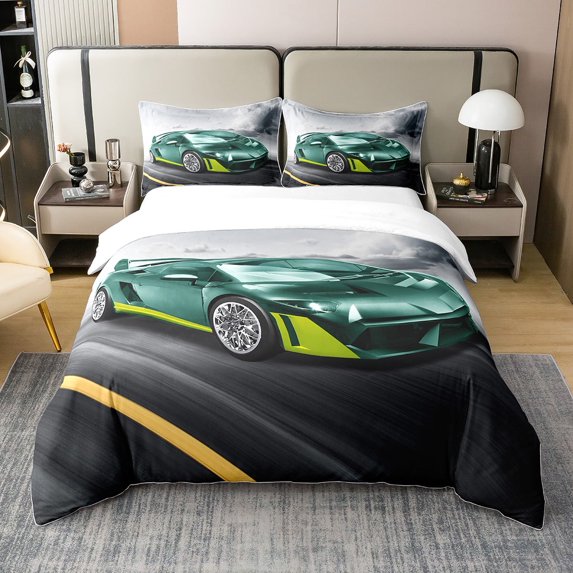 Erosebridal Race Car 100% Cotton Duvet Cover King, Green Racing Car Bedding Set Extreme Sports Comforter Cover Teens Adult Men, Speed Sports Car Bed Set Racing Car Gifts, Grey