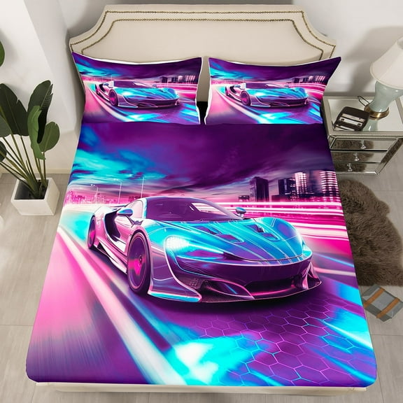 Race Car Twin Bed Sheets Puple Sports Car Bedding Set Extreme Sports Cool Speed Fitted Sheet Teens Youth Car Room Decor, 1 Sheet And 1 Pillowcase,Soft,Breathable