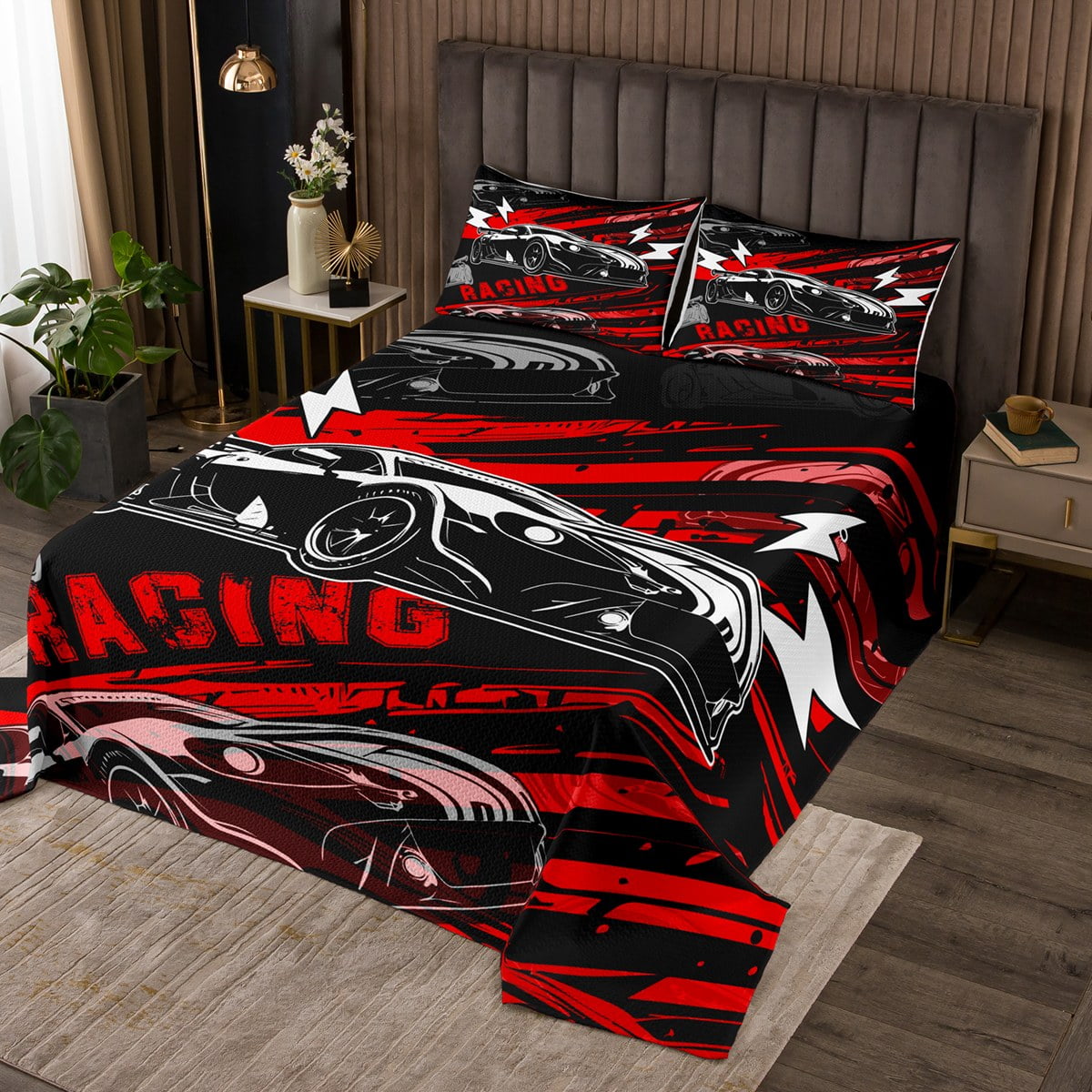 YST Race Car Twin Bedspread Set for Boys Kids Black Red Racing Car ...