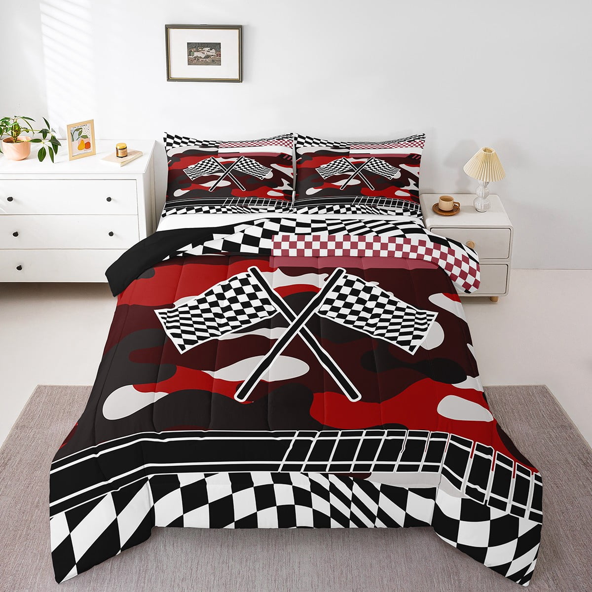 Racing Bedding Queen Size, Red Race Car Comforter Set Camo Flag Bedding ...