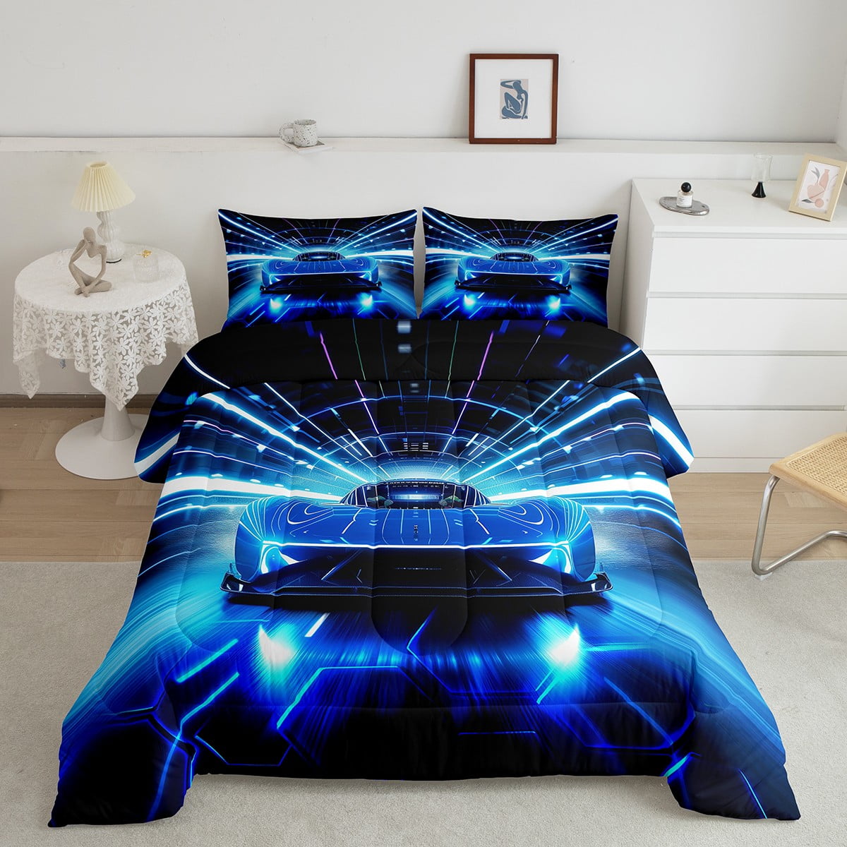 YST Racing Car Comforter Set Full Size, Speed Sports Car Bedding Set