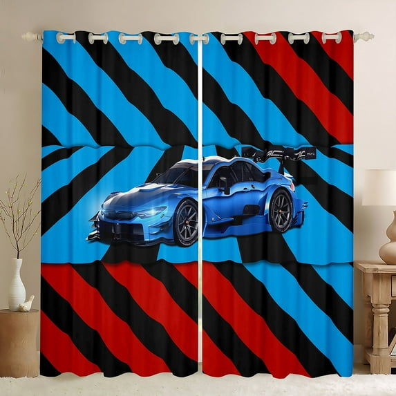 Racing Car Curtains, Blue And Red Race Track Curtains & Drapes,Extreme Speed Sports Car 30%-50% Blackout Curtains, Sports Car Decor Window Curtains 52Wx63L