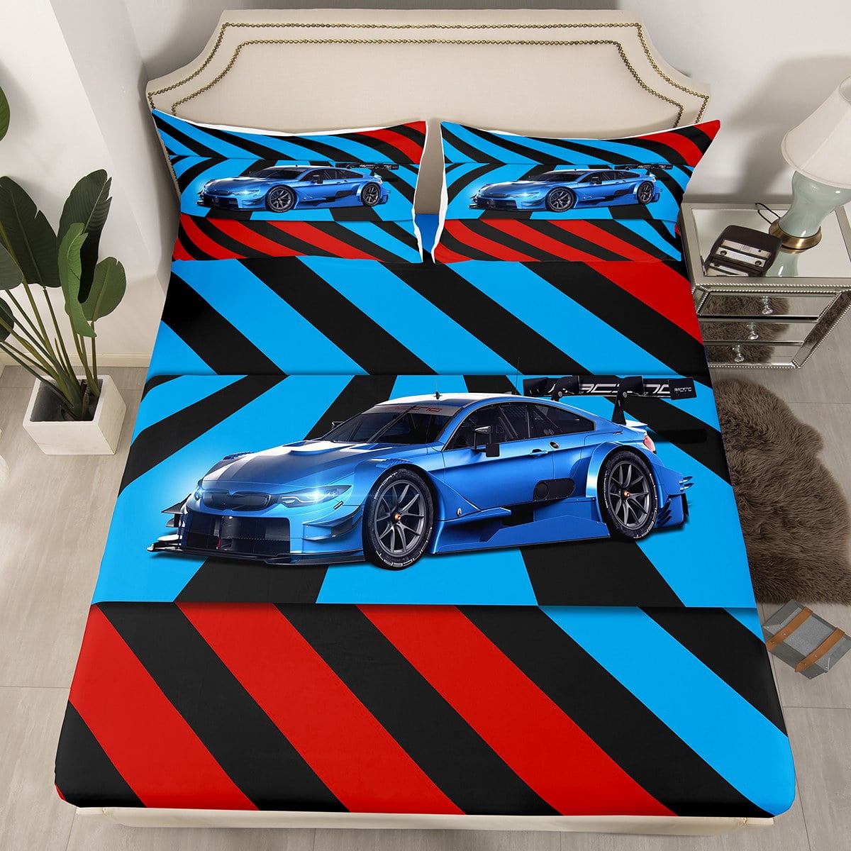 YST Racing Car Fitted Sheet Full,Kids Blue And Red Race Track All Season Bed Set,Extreme Speed