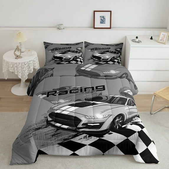Erosebridal Racing Comforter Set Queen Size,Extreme Sports Race Car Bedding,Race Sports Car Competition Cool Speed Bedding Comforter Sets,1 Duvet Insert 2 Pillowcases - 3 Pieces(Grey)