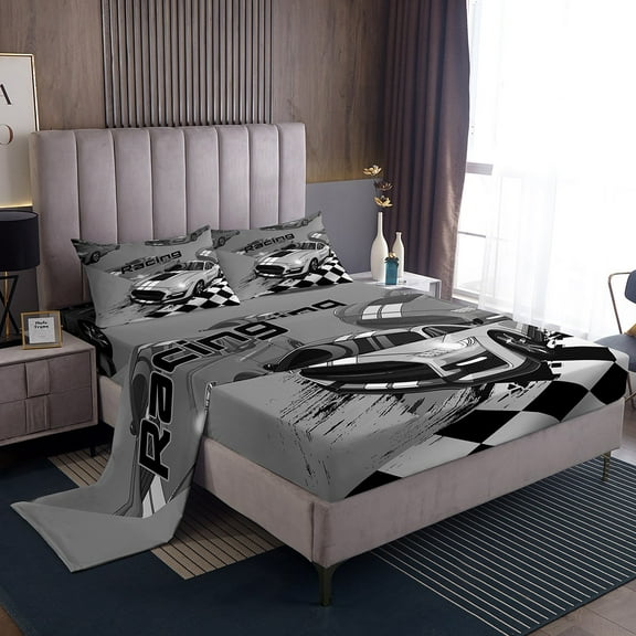 Racing Sheet Set Queen,Extreme Sports Race Car Sheets ,Race Sports Car Competition Cool Speed Bed Sheets Set,1 Top Sheet 1 Fitted Sheet 2 Pillowcases - 4 Pieces(Grey)