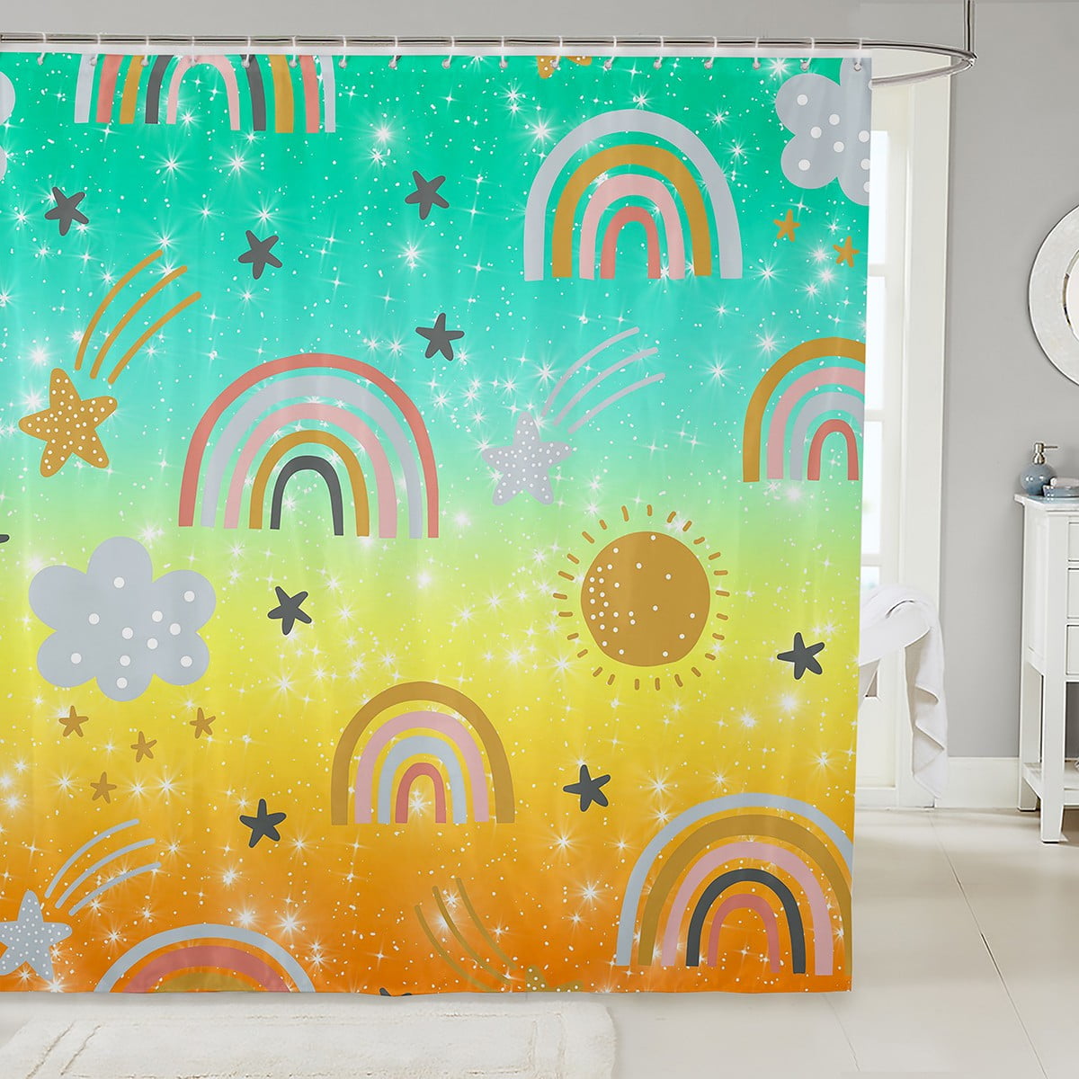 YST Rainbow Bath Curtain 72" W X 72" L, Kids Ombre Glitter Bathtub