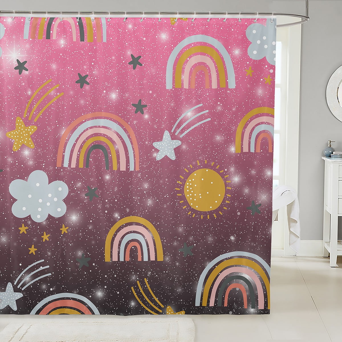 YST Rainbow Bath Curtain For Girls, Tie Dye Pastel Bathtub Shower