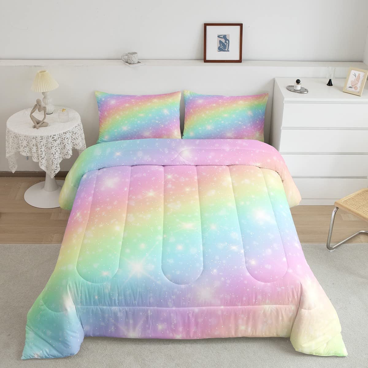 Erosebridal Rainbow Bedding Set for Kids Girls Teens Women Tie Dye Pastel Comforter Set Twin Size Golden Stars Glitter Bedding Comforter Set Watercolor Art Girly Quilt Set Sweet Bedroom Decor 2 Piece