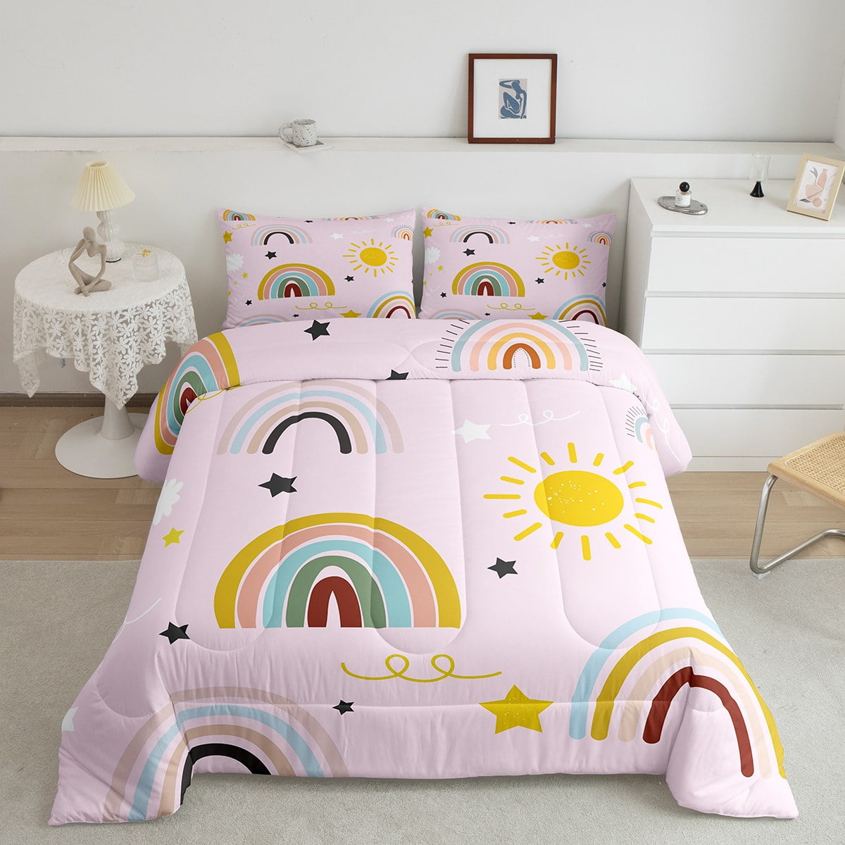 Erosebridal Rainbow Twin Bedding Set - Sun & Stars Comforter With Pillowcase, Hand-Drawn Iridescent Design For Kids