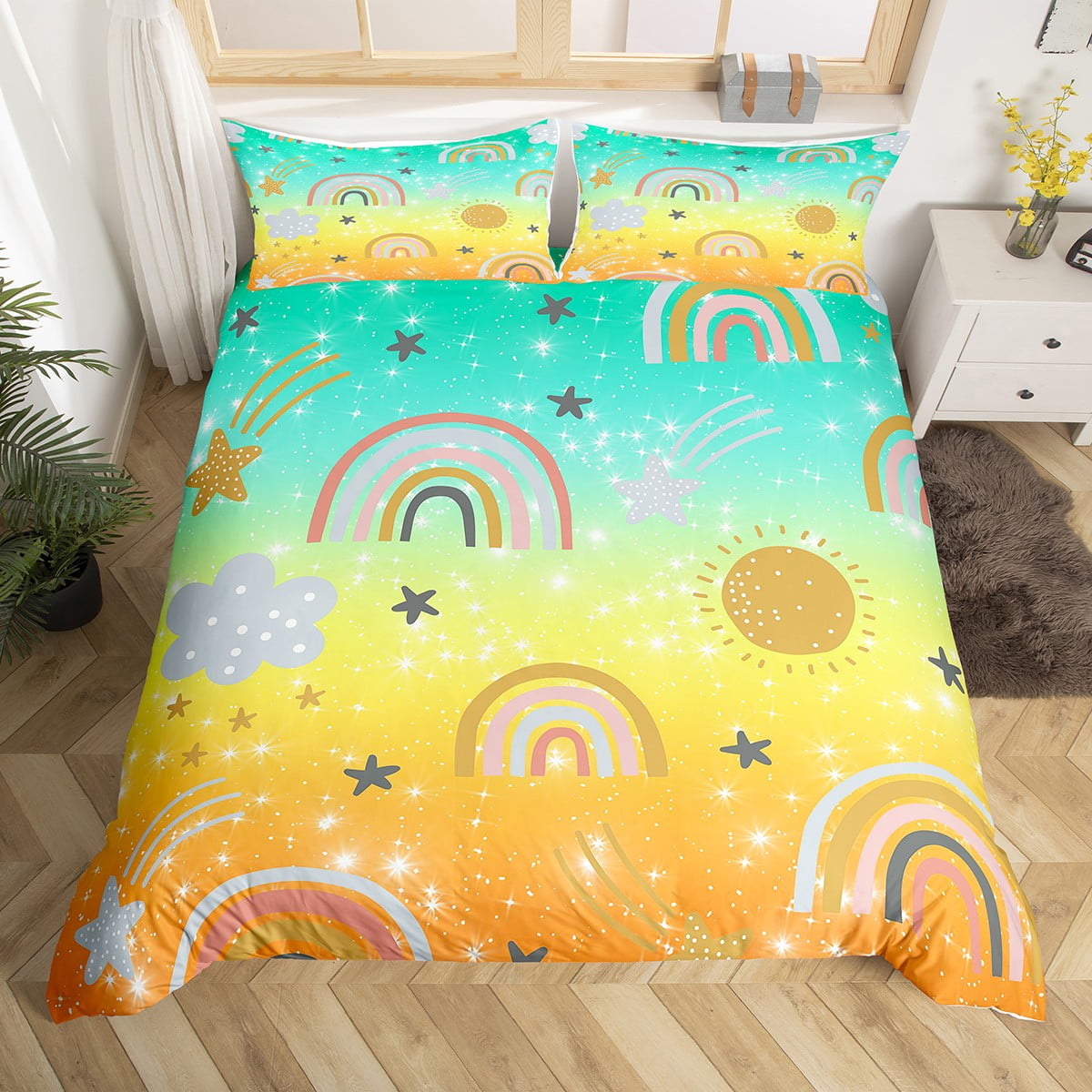 YST Rainbow Bedding Set Queen Size, Kids Ombre Glitter Comforter Cover