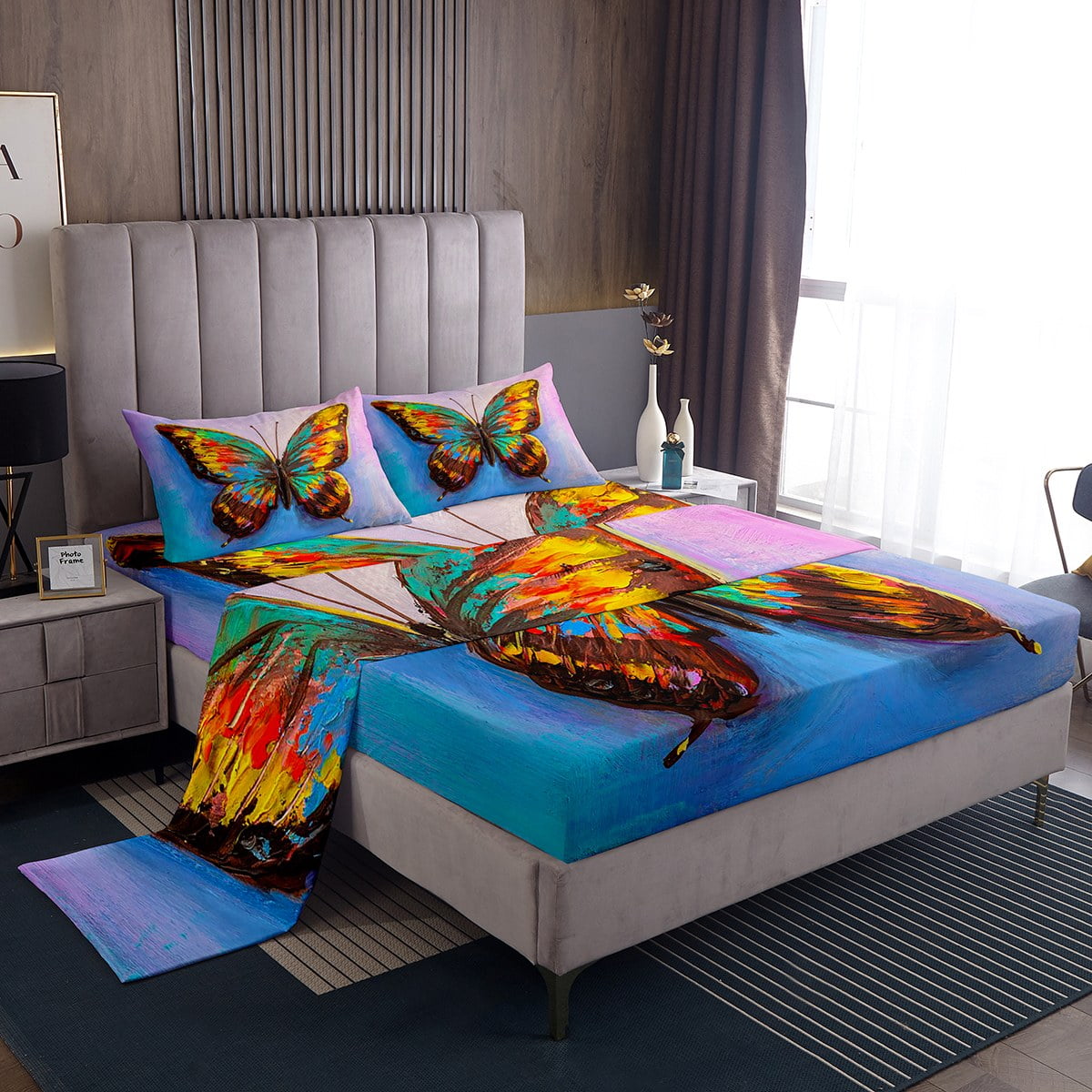 YST Rainbow Butterfly Queen Sheets Oil Painting Bed Set, Navy Blue Pink