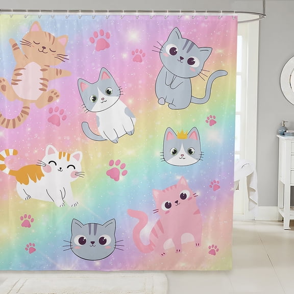 Rainbow Cat 72"Wx84"L Shower Curtain Bathroom, Cute Cats Bathroom Curtain Women Pastel Gradient Glitter Stars Cat Bath Curtain Cartoon Animal Kitten Paw Curtain Sets Colorful