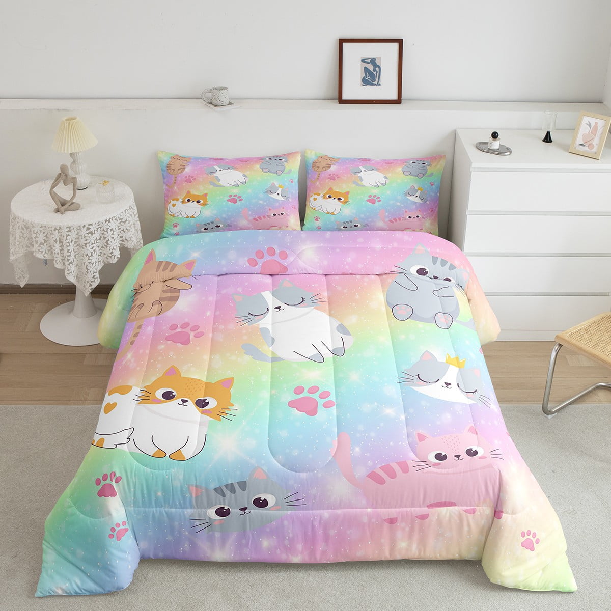 YST Rainbow Cat Twin Bedding Sets For Girls,Kids Cute Cat Comforter Set Teen Pastel Gradient