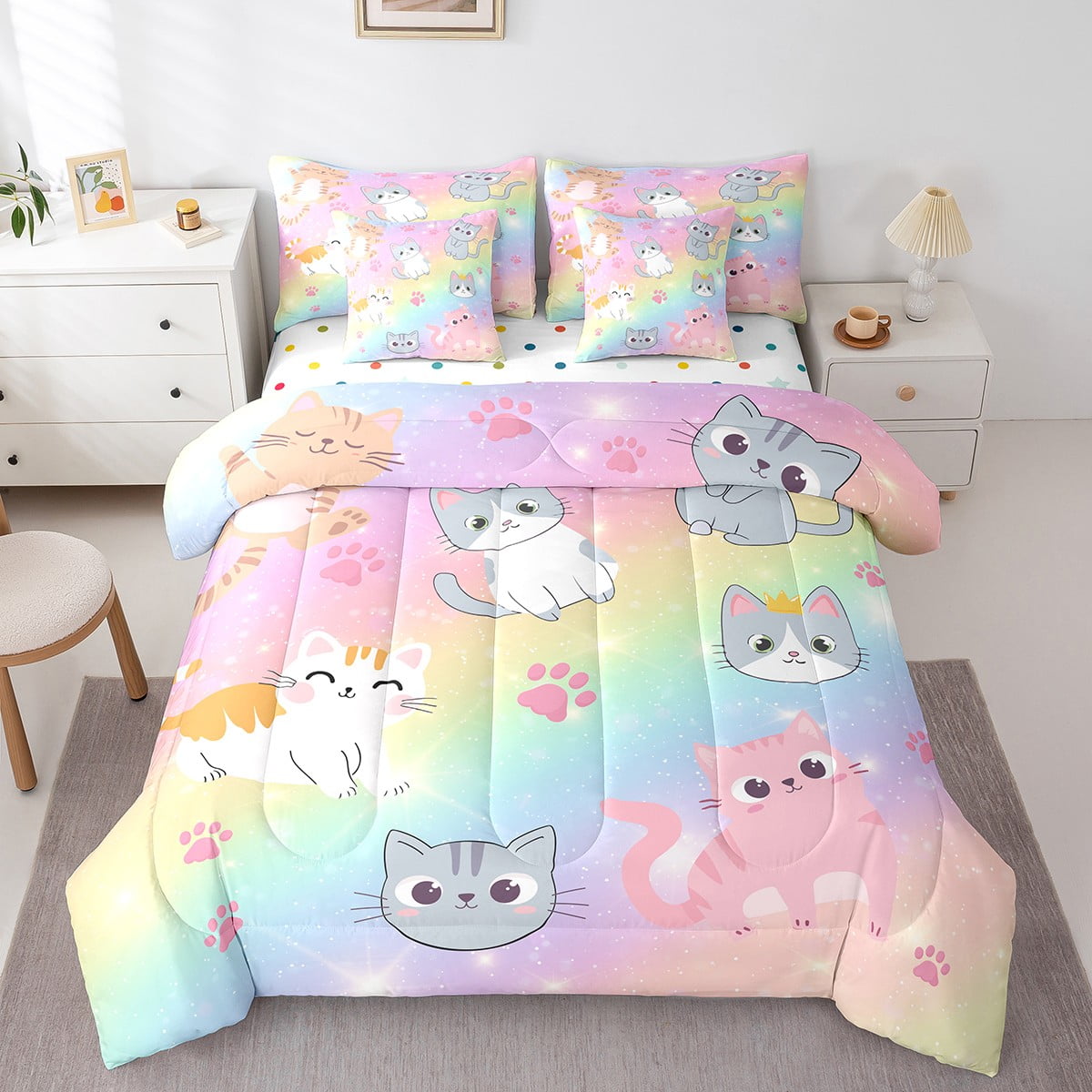 Rainbow Cat Twin Bedding Sets Cute Cat Bed In A Bag 7 Piece Pastel