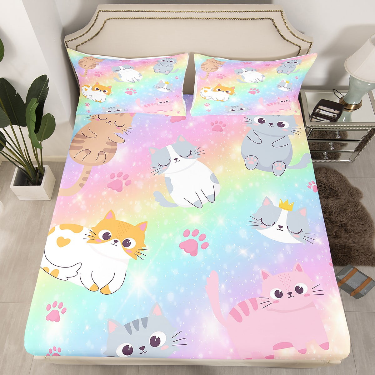 YST Rainbow Cat Twin Sheets For Girls,Kids Cute Cats Fitted Sheets Teen Women Pastel Gradient