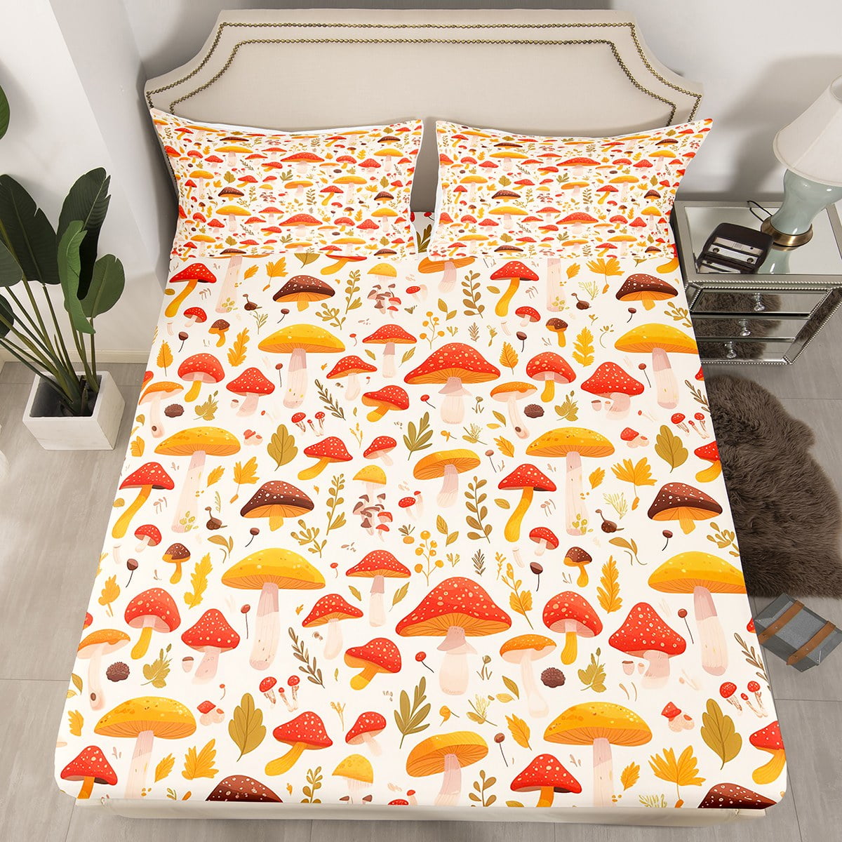 YST Rainbow Colorful Mushroom Full Fitted Sheet Orange Wild Fungus