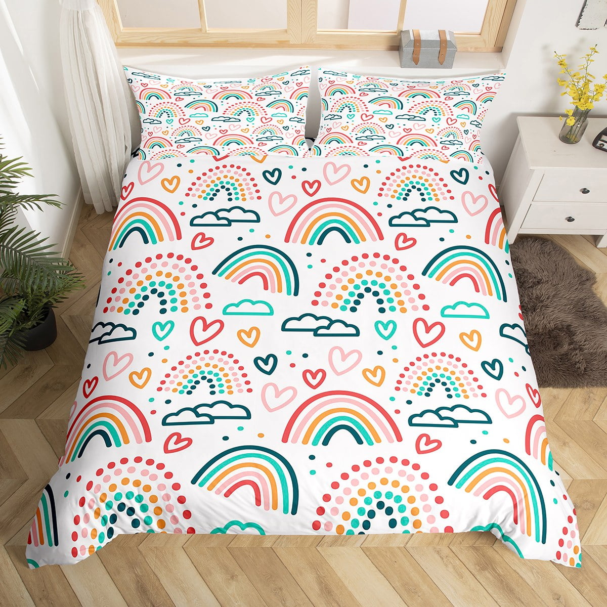 YST Rainbow Comforter Cover Twin Love Heart Duvet Cover Colorful Polk Dots Rainbow Bedding Set For Kids Girls Teen Women Cartoon Hand Drawn Iridescent Bed Set Room Decor 1 Pillow Case Walmart