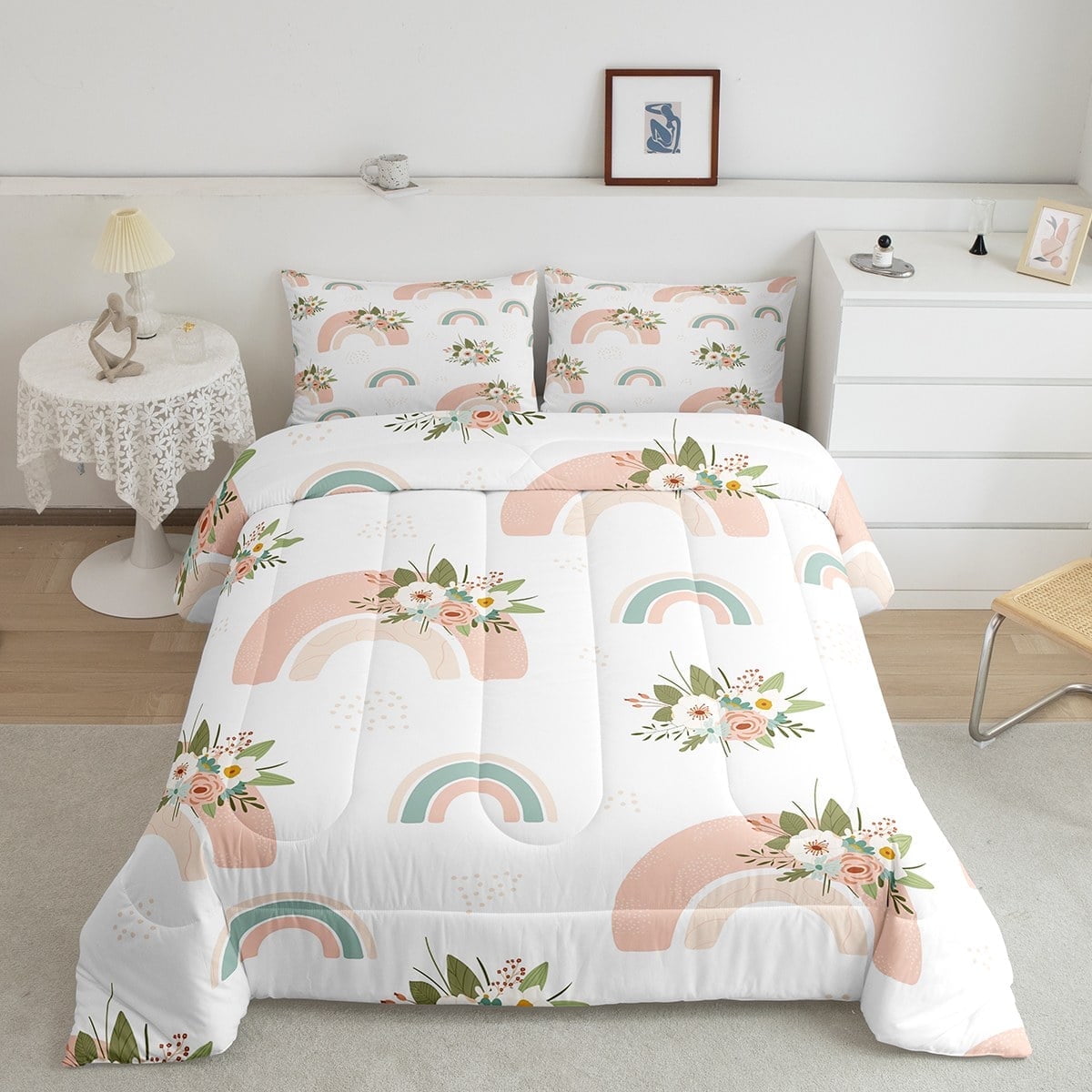 Erosebridal Rainbow Comforter Set Kids Boho Bedding Floral Rainbow Cartoon Style Bedding Comforter Sets Twin for Girls Boys Girly Soft Microfiber