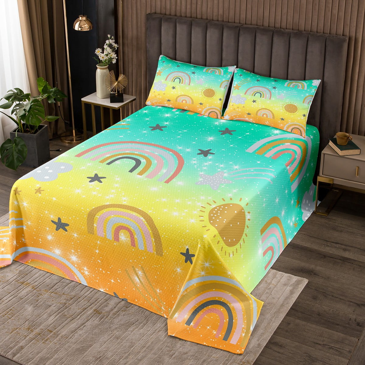 YST Rainbow Coverlet Set Queen Size, Kids Ombre Glitter Bedspread Set