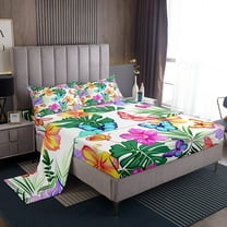 YST Rainbow Flower Fitted Sheet,Chic Floral Bed Set For Kids Boys Girls,Butterfly Twin Size Sheet Sets,Green Palm Leaf Flat Sheet,Tropical Botanical Bed Sheets Set,With 1 Pillowcase