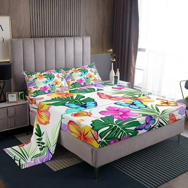 YST Rainbow Flower Fitted Sheet,Chic Floral Bed Set For Kids Boys Girls,Butterfly Twin Size Sheet Sets,Green Palm Leaf Flat Sheet,Tropical Botanical Bed Sheets Set,With 1 Pillowcase