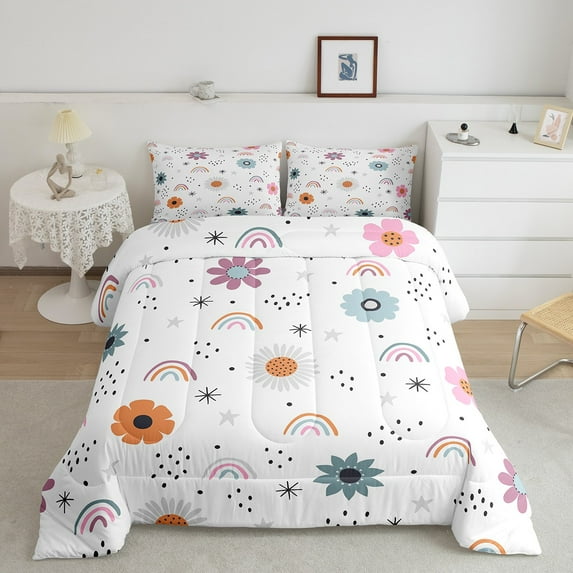 Rainbow Flowers Bedding Nursery Cute Colorful Boho Rainbow Comforter Set Queen, Watercolor Floral Iridescent Stripes Dots Bedding Comforters & Sets Spring Botanical Quilt