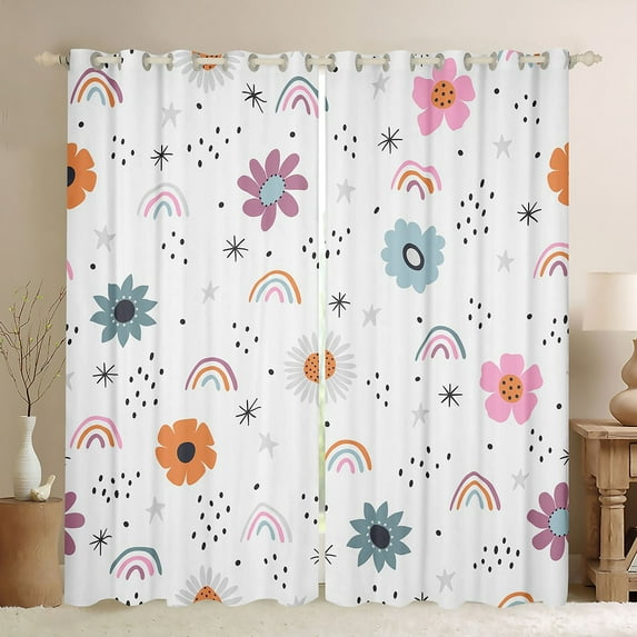 Erosebridal Rainbow Flowers Curtains Nursery Cute Colorful Boho Rainbow 30%-50% Blackout Curtains,Watercolor Floral Iridescent Stripes Dots Curtains & Drapes 42''Wx90''L