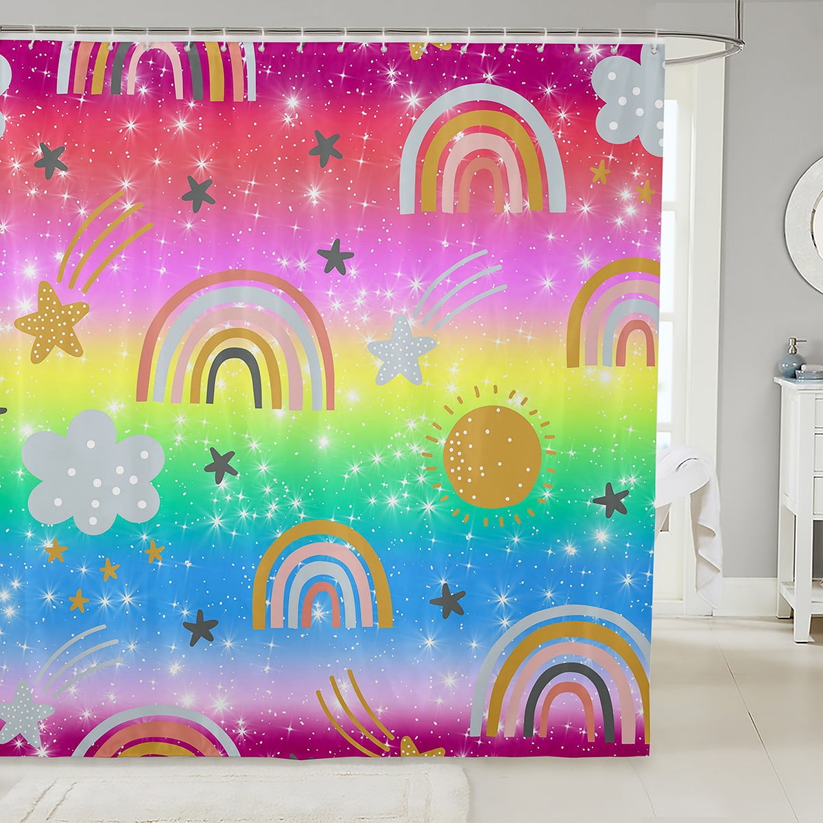 YST Rainbow Glitter Shower Curtain, Iridescent Sun Cloud Stars Bath