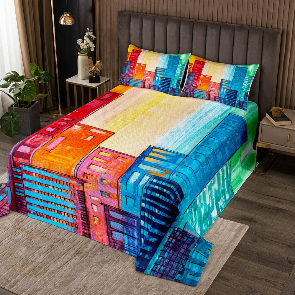 YST Rainbow Queen Quilt Set Colorful Watercolor Coverlet Set, Pink Navy