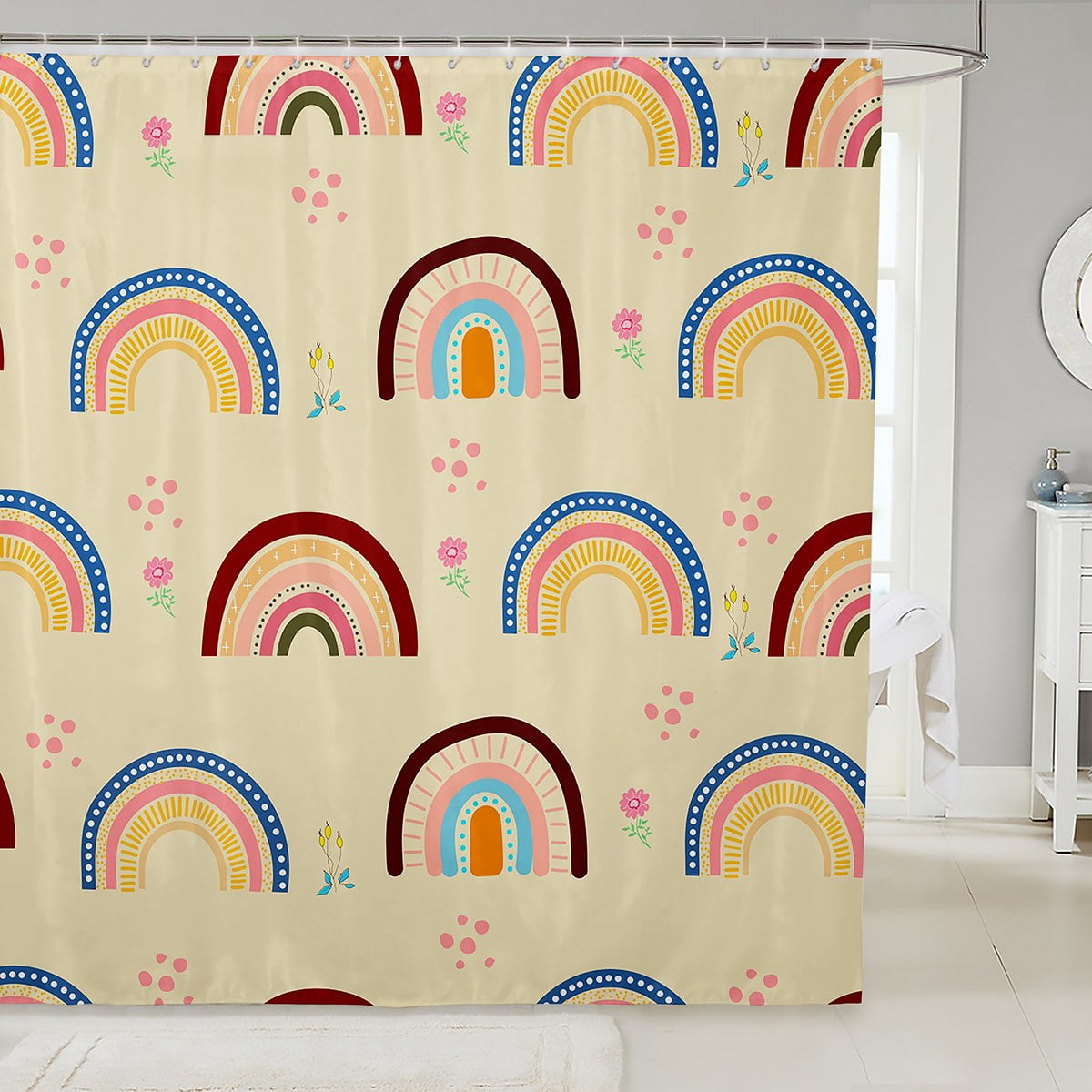 YST Rainbow Shower Curtain For Girls, Boho Floral Bath Curtain For Kids