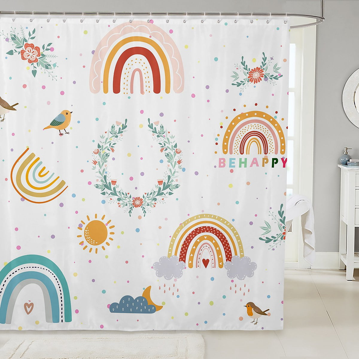 Rainbow Shower Curtain, Sun Stars Bath Curtain Rainbow Decor, Cartoon ...