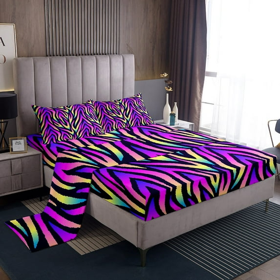Erosebridal Rainbow Tie Dye Bed Set Women Zebra Print Bed Sheets Set, Animal Printed Sheet Set Twin Geometric Stripe Sheets, Multicolor Ombre Aesthetic Top Sheet Room Decor