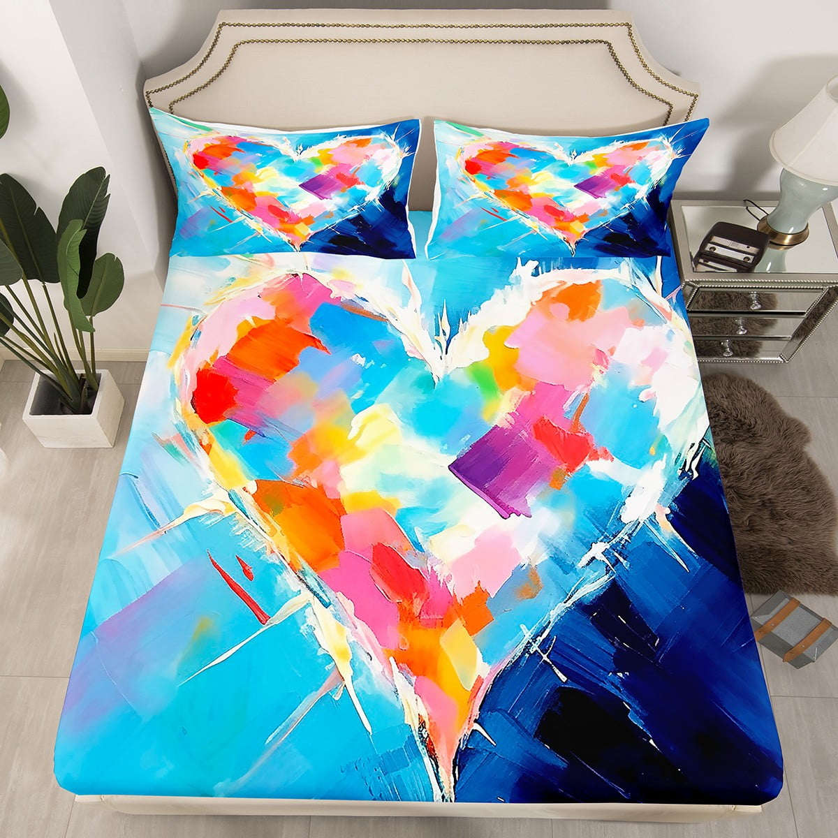 YST Rainbow Tie Dye Fitted Sheet Twin Size, Cute Heart Blue Tie Dye Bed