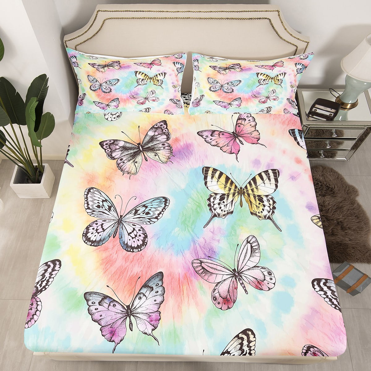 YST Rainbow Tie Dye Queen Sheets Chic Butterfly Bed Sheets for Kids