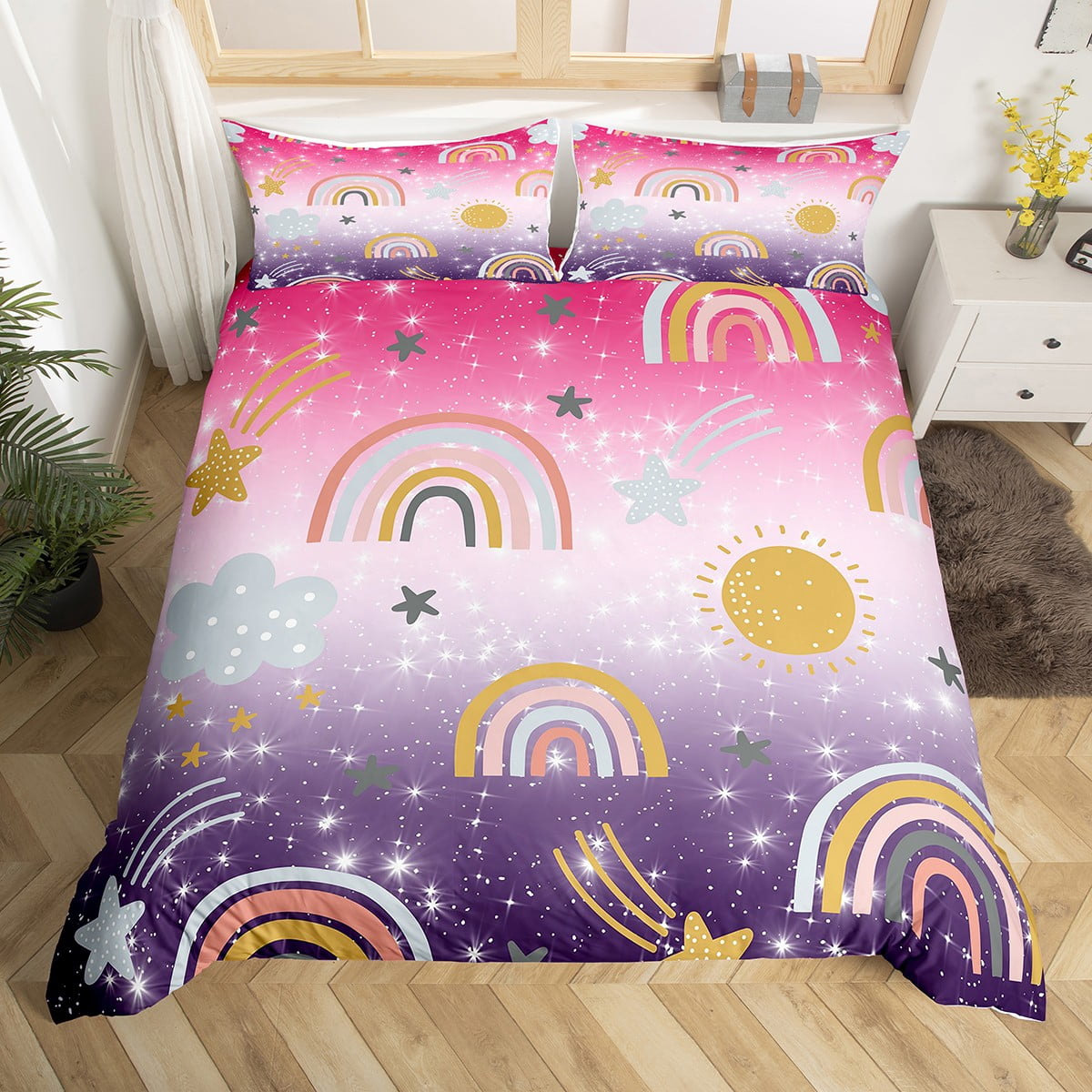 YST Rainbow Twin Comforter Cover For Kids, Cartoon Sun Stars Cloud