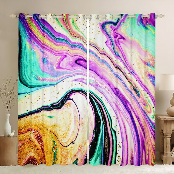 Erosebridal Rainbow Watercolor Blackout Curtains Colorful Tie Dye Curtains & Drapes, Girly Pink Purple Curtains Abstract Marble Black Out Curtains, Teal Black Gold Glitter Window Drapes