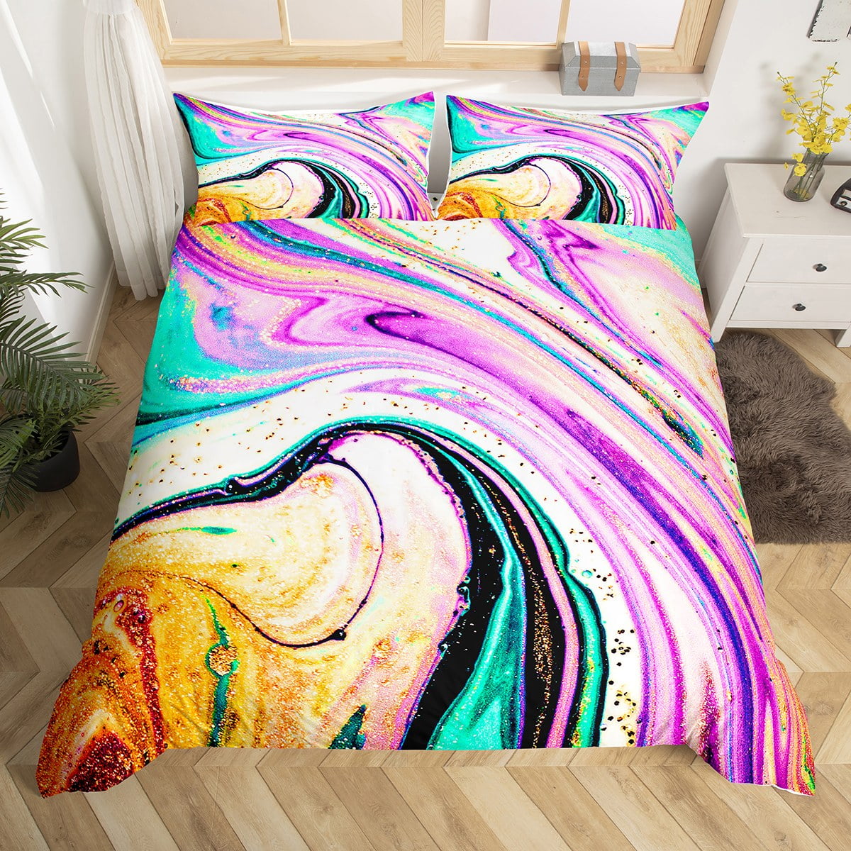 YST Rainbow Watercolor Comforter Cover Colorful Tie Dye Bed Set, Girly Pink Purple Duvet Cover