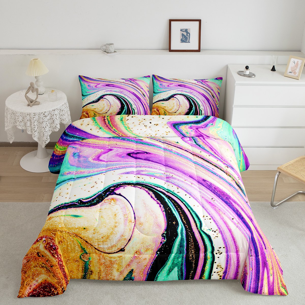 YST Rainbow Watercolor Comforter King Colorful Tie Dye Bedding Set
