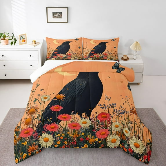 Raven Comforter Set Queen Size, Black Crow Bird Bedding Set Teens Bedroom, Halloween Themed Animal Bedding Comforter Sets Red Flower Floral Duvet Insert, Dahlia Yellow