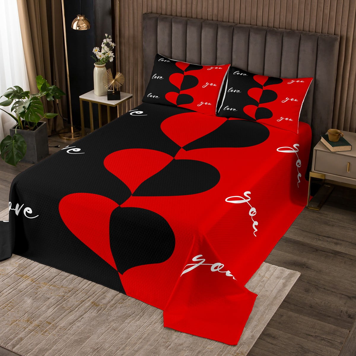 Red and Black Bedspread Set Twin Romantic Valentine's Day Love Heart