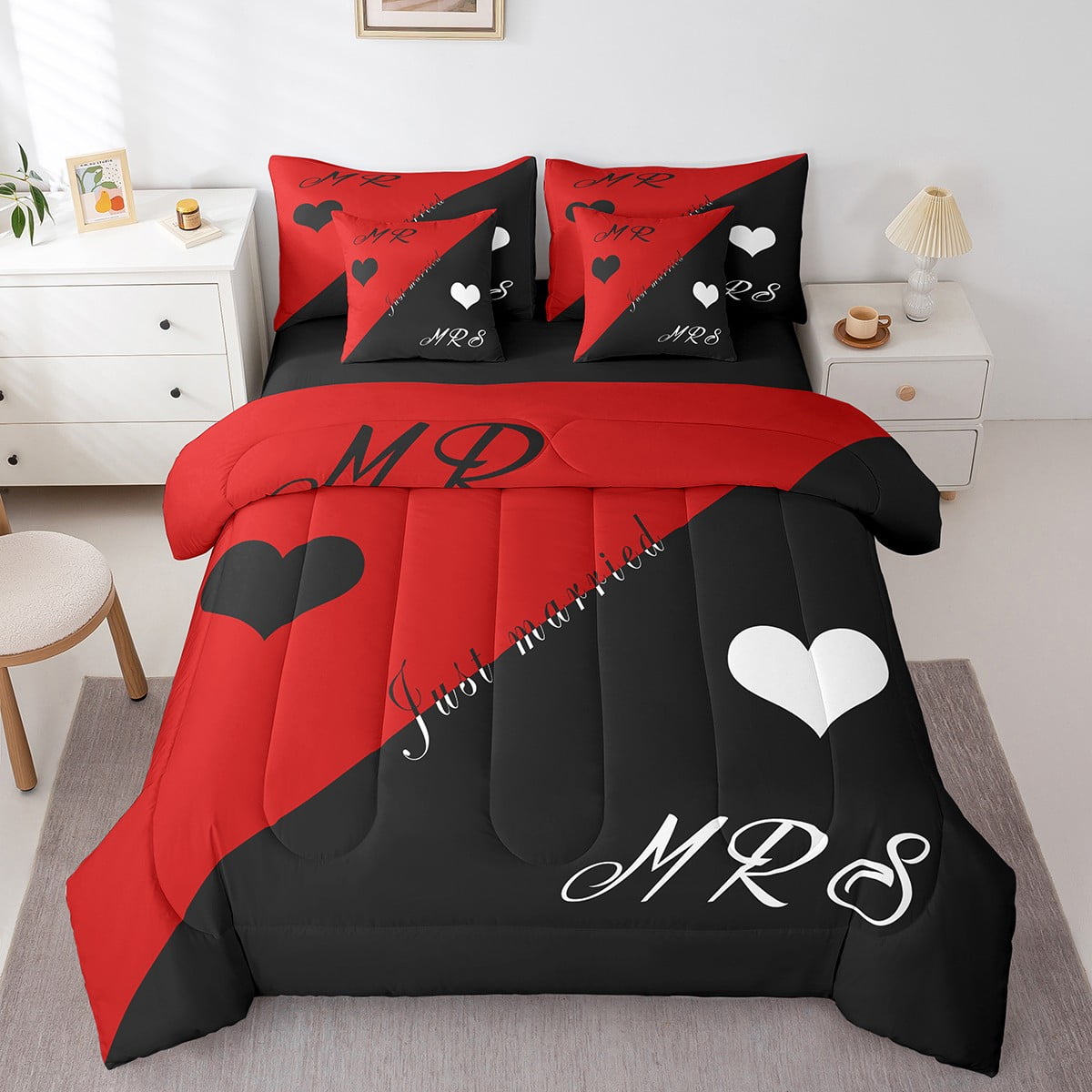 YST Red Black Couple Comforter Set King 7 Piece Mr. And Mrs. Valentine