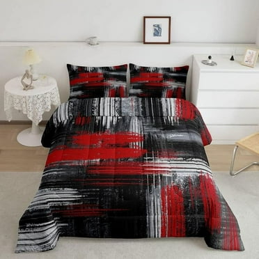 Red Black and Grey Comforter Geometric Artistic Smear Comforter Set Abstract Graffiti Art Bedding Set Contemporary Modern Brush Design Duvet Set Room Decor Quilt Set